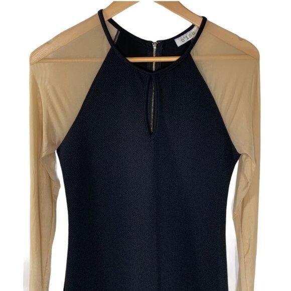 Cisa Black Tan Long Sleeve Mesh Lace Hem Sheath Dress Size M - Picture 2 of 11